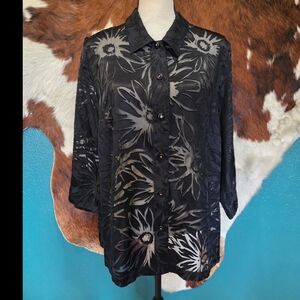 TanJay Black Sheer Floral Button Down Shirt